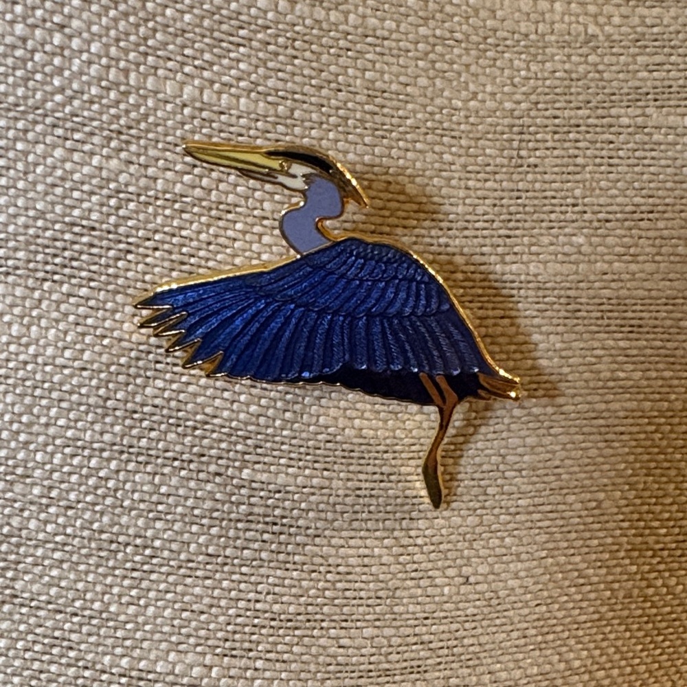 Vintage Blue Enamel Heron Brooch